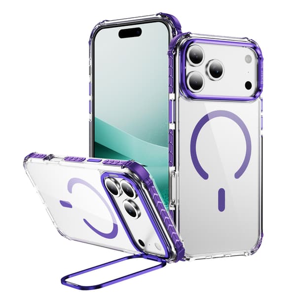 MagSafe-kompatibelt iPhone 18 Pro-deksel med justerbart stativ og magnetisk system – ultratransparent Purple