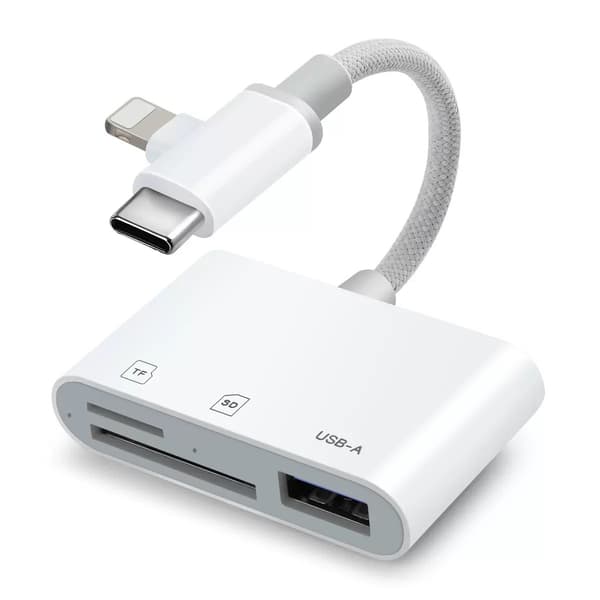 Type-C/Lightning–USB-A/TF/SD 3-in-1-sovitinkaapelikeskitin iPhonelle, Plug and Play White