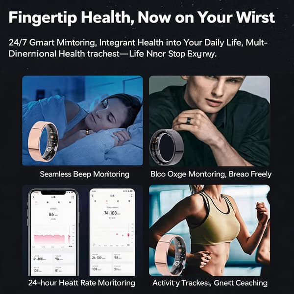 Smartring med ladeetui, for Android 5.0+ og iOS 10.0+, overvåker hjertefrekvens, SpO2, søvn og bevegelse (Størrelse 8) Gold