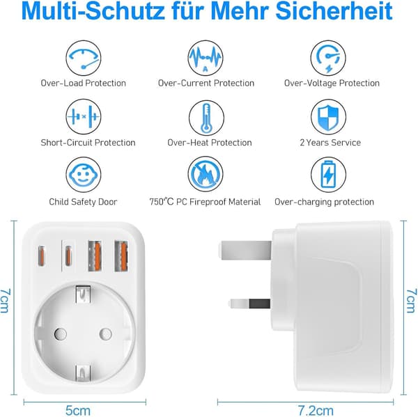 Reiseadapter Europa til Sveits Hvit (2 USB-A + 2 USB-C)