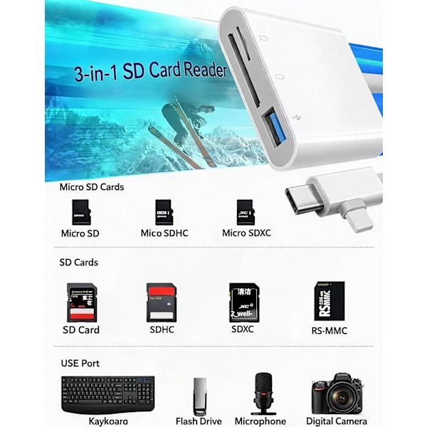 Type-C/Lightning til USB-A/TF/SD 3-i-1 adapterkabelhub til iPhone Plug and Play White