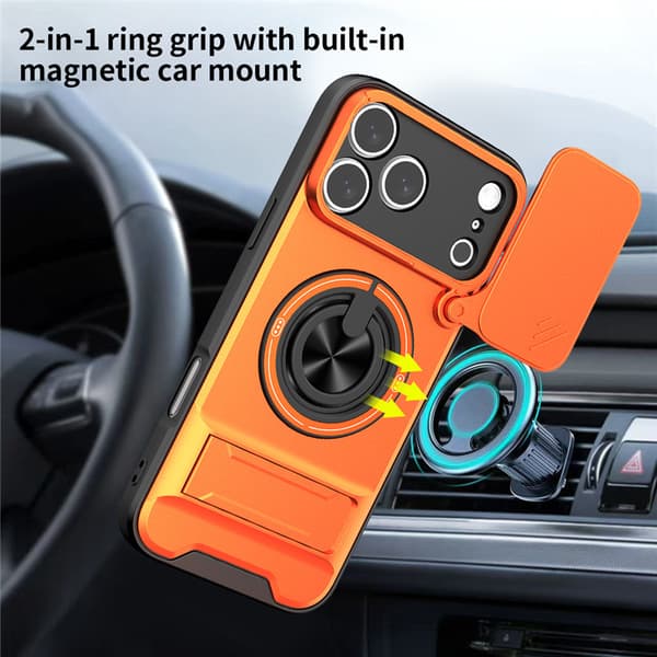 iPhone 18 Pro Max-deksel med 360° roterende magnetisk ring, skyvbart kameradeksel, sammenleggbart støtteben, MagSafe Blue