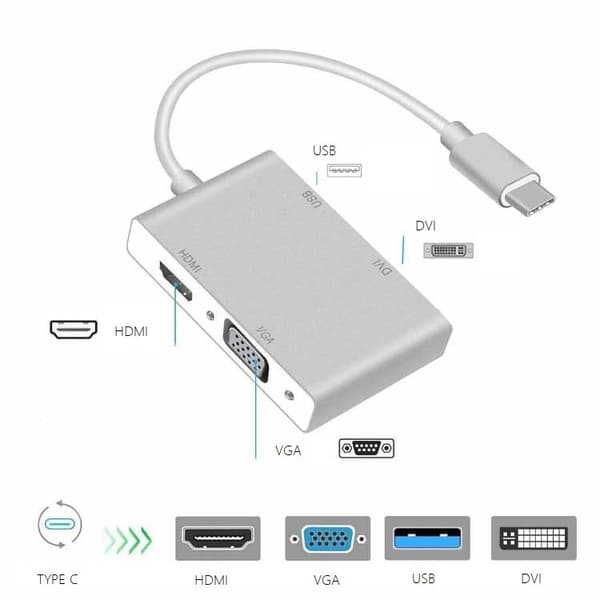 4-in-1 4K USB-C–VGA-, HDMI-, DVI- ja USB 3.0 -sovitin