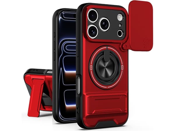 iPhone 18 Pro Max-deksel med 360° roterende magnetisk ring, skyvbart kameradeksel, sammenleggbart støtteben, MagSafe Red