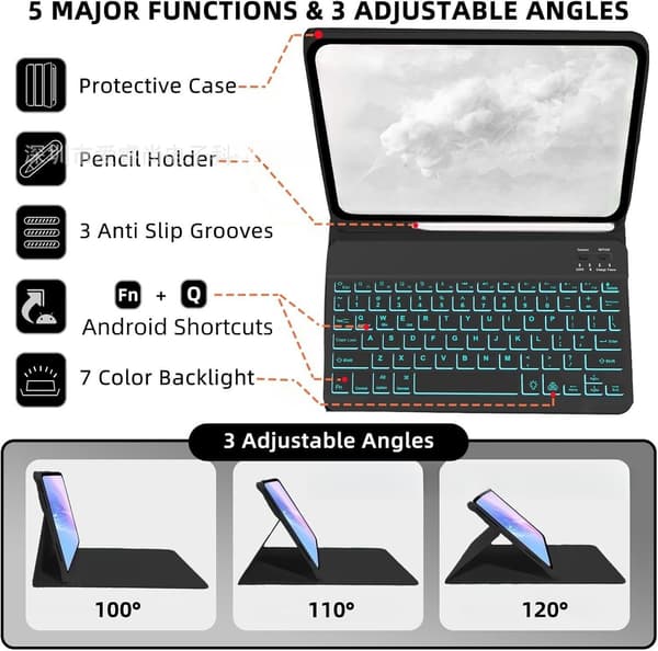Etui til Samsung Galaxy Tab S12 Plus 12,4-tommer med baggrundsbelyst Bluetooth-tastatur Black