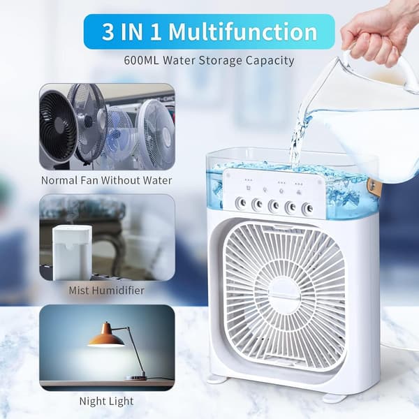 Mini bærbar airconditionventilator 3 i 1 luftfugter og farvet LED-lys White