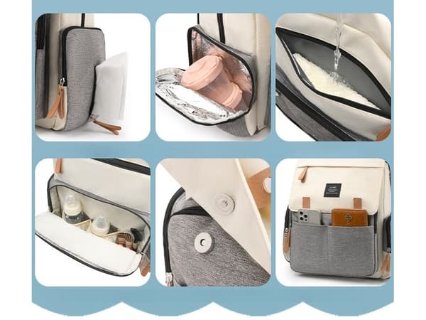Multifunktionell Vattentät SkötväskaStor Kapacitet med TermofickorBarnvagnsremmar Light Gray