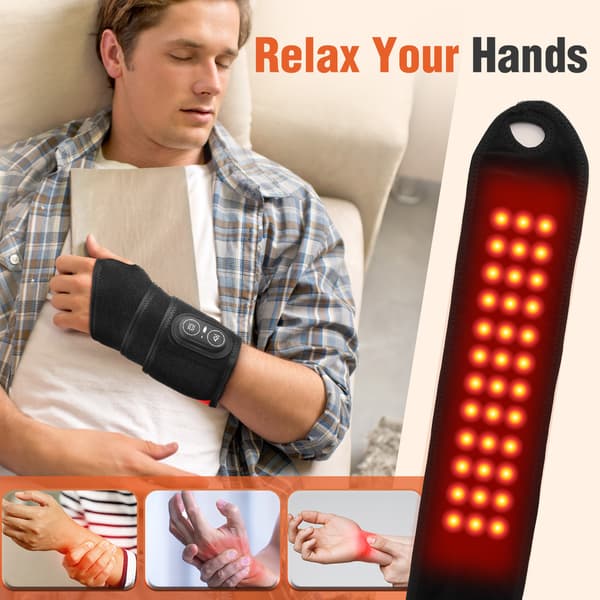 Uppvärmd handledsbandage med tre temperaturinställningar och timer, som ger värmeterapi till handleden