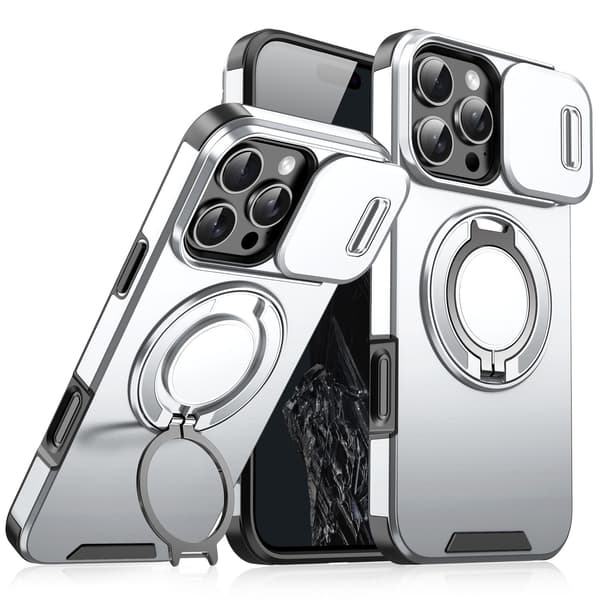 Fodral till iPhone 18 Pro med magnetisk ringhållare, skjutbart linsskydd och fallskydd Silver