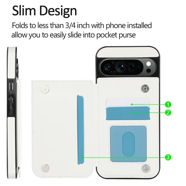 Læderetui med kortholder til Google Pixel 11 Pro, fuld beskyttelse White