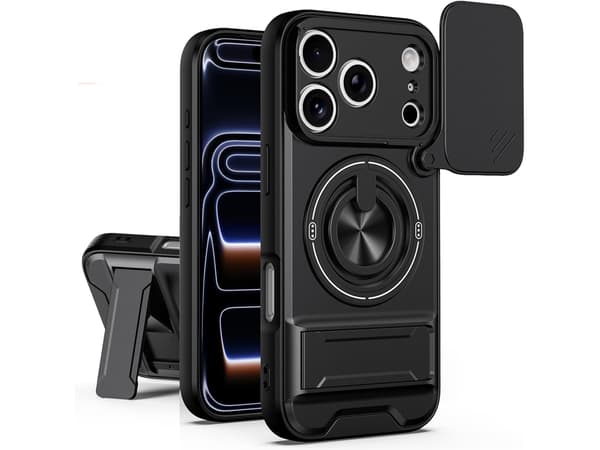 iPhone 18 Pro-fodral med 360° roterande magnetisk ring, skjutbart kameraskydd, vikbart stöd, MagSafe Black