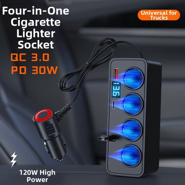 4-ports billader | 120W superrask sigarettennerkontakt | Universaladapter med USB-C og USB-A
