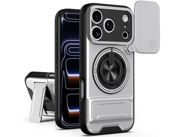 iPhone 18 Pro Max-deksel med 360° roterende magnetisk ring, skyvbart kameradeksel, sammenleggbart støtteben, MagSafe Silver
