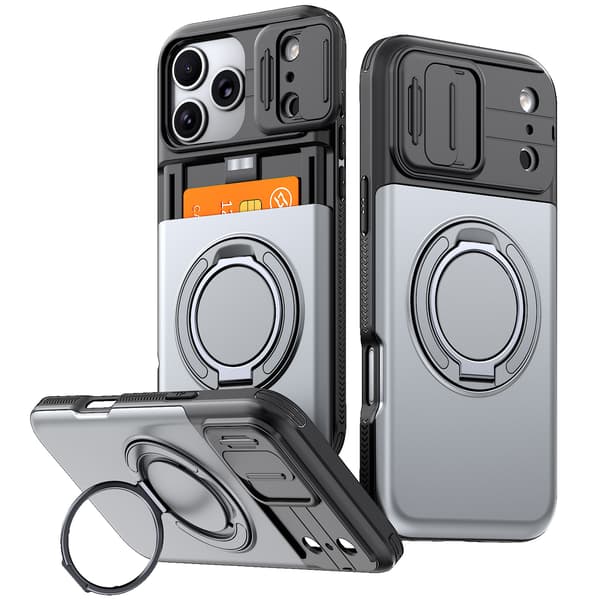 Etui til iPhone 18 Pro med stativ, skjult skyvekortholder og anti-fallbeskyttelse Gray