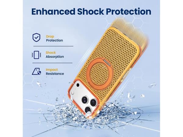 Slitesterkt iPhone 18 Pro Max-deksel med 360° roterende metallringstativ og bikubemønster på baksiden Blue