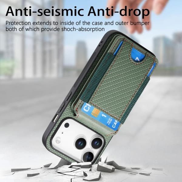 iPhone 17 Pro Max Deksel - Karbonfiber med Vertikal Flipp og Stativfunksjon [DGY] Grön