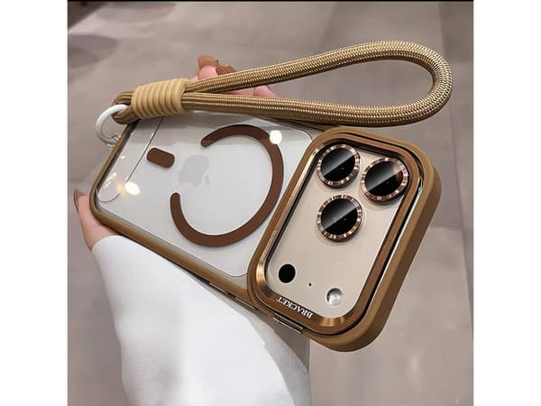 MagSafe-etui til iPhone 18 Pro Max, kamerabeskyttelse, metalstativ, kædehåndledsrem Brown