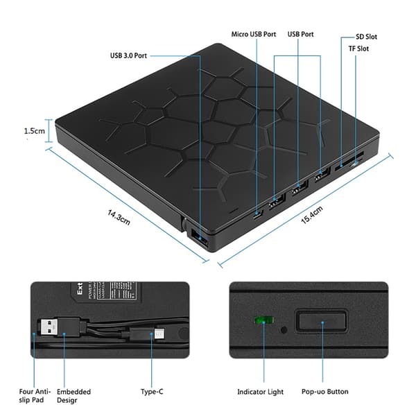 4-i-1 extern optisk enhet, DVD RW-brännare, extern USB 3.0-flashenhet