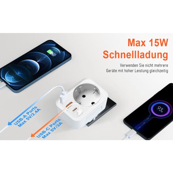 Reseadapter Europa till Schweiz Vit (2 USB-A + 2 USB-C)