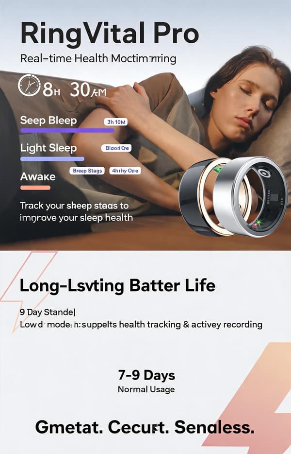 Smartring med ladeetui, for Android 5.0+ og iOS 10.0+, overvåker hjertefrekvens, SpO2, søvn og bevegelse (Størrelse 8) Gold