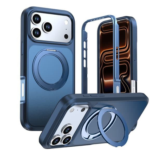 Magnetisk etui til iPhone 18 Pro med roterende metalringstativ – slankt, mat, ridsefast Dark Blue