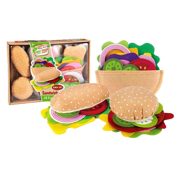 Filtlegetøj formet som en simuleret hamburger