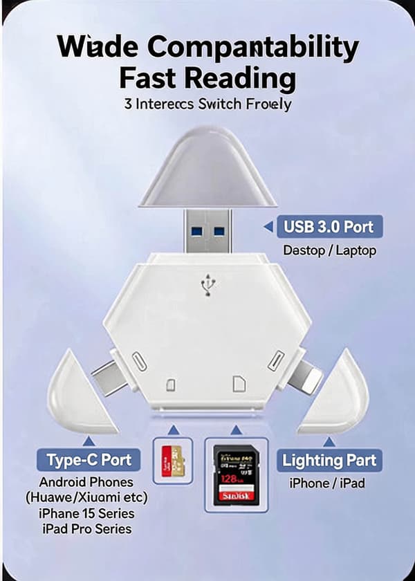 Adapter USB C/Lightning /USB A til TF/SD 3-i-1 Hub for iPhone Plug And Play Green