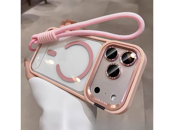 MagSafe-cover til iPhone 18 Pro, kamerabeskyttelse, metalstativ, kædehåndledsrem Pink