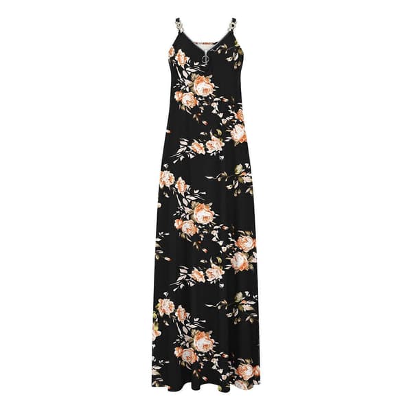 QLEICOM Dame Boho Blomstret Maxikjole med Lommer, Spaghettistrop, Strand Lang Kjole, Sort, US 8