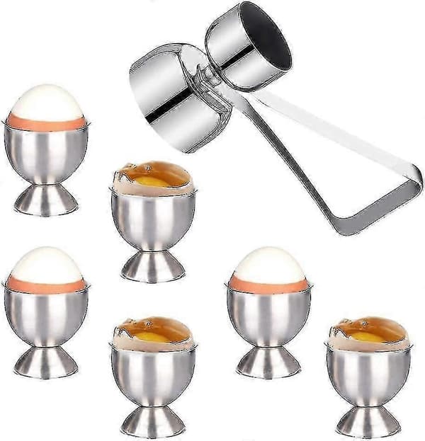 Äggkoppset, äggkoppshållare i rostfritt stål och dubbelsidig ägglocköppnare/knäckare, stor påskäggkopp