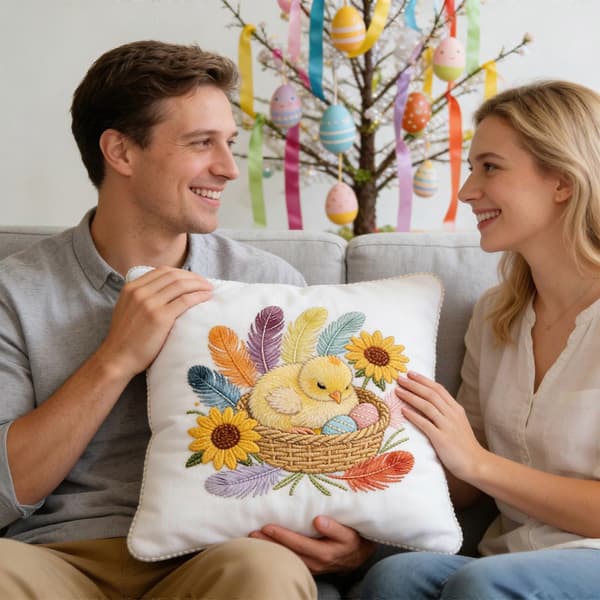 Påskdekorationskuddfodral, 45 cm tryckt och broderad prydnadskudde, söt luddfri design för soffa, sovrum, vardagsrum – kompatibel med påsk