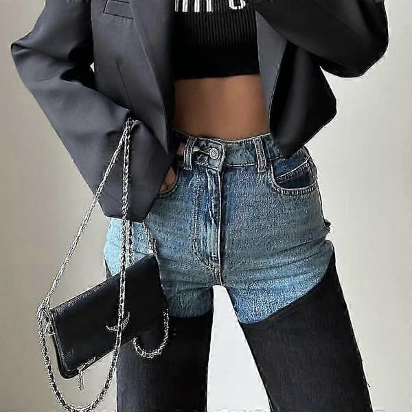 Denimbyxor för dam med hög midja och patchwork-design med slitningar