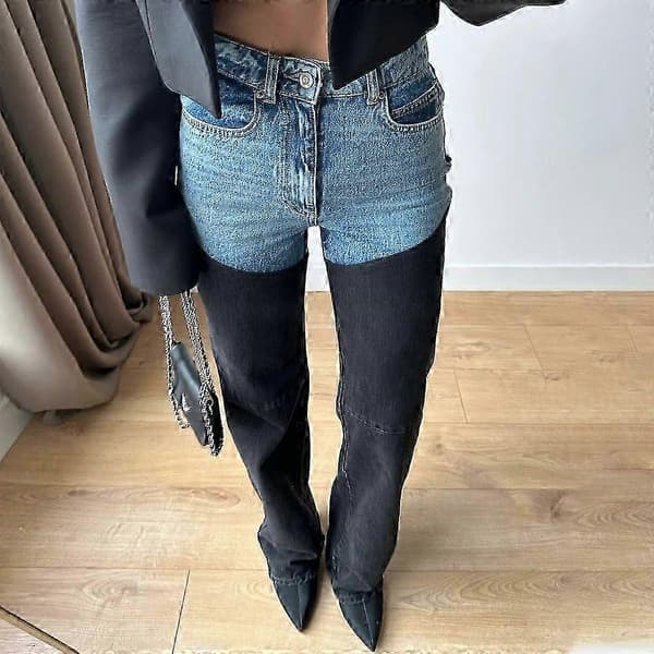 Denimbyxor för dam med hög midja och patchwork-design med slitningar