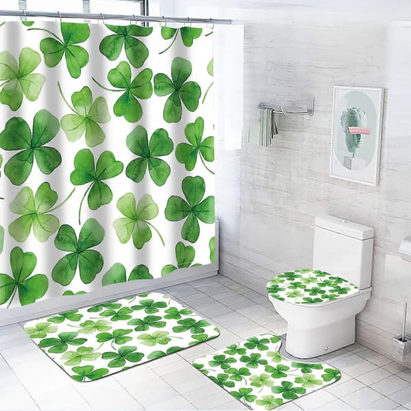 St. Patrick's Day Duschdraperi 4-delat Badrumsset Klöverdesign Polyester Vattentät Badrumsmatta