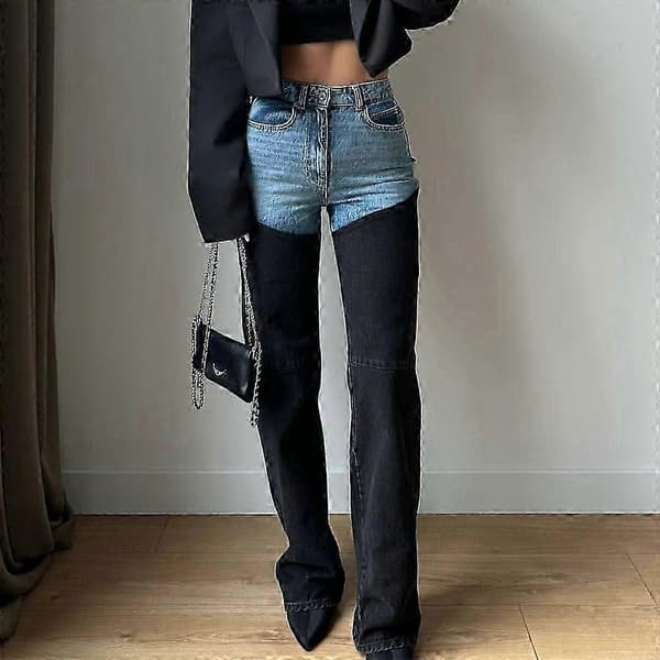 Denimbyxor för dam med hög midja och patchwork-design med slitningar