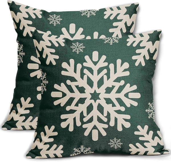 Skogsgröna 16x16\" julkuddfodral (2 st), snöflinga rustik vinterdekor, linnekuddfodral för soffa/säng – kompatibel med
