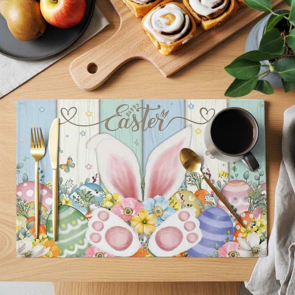 Glad Påsk Bordstabletter Set om 8 – Vårkanin, Ägg, Blommor & Träådring, Halkfria, Tvättbara, Inomhus/Utomhus