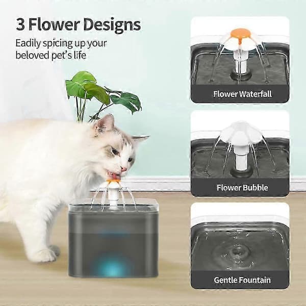 Dricksfontän kattfontän dricksfontän för katter hundar vattendispenser 2L, grå