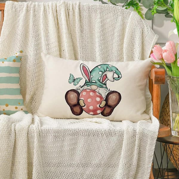 Glad påsk Hej vår tomte blommig prydnadskuddeöverdrag, 12 x 20 tums kuddfodral dekoration för soffa, set om 4