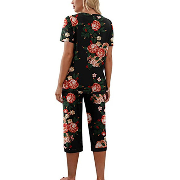 Dampyjamas 2 delar ovkläder kortärmad Tee & capribyxor Black S