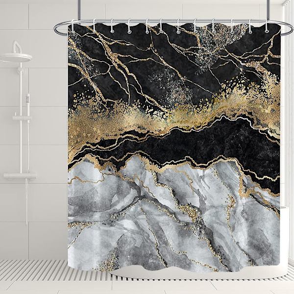 Marmor badrum duschdraperi lila guld tyg duschdraperier med krokar akvarell abstrakt duschdraperi foder 72x72 tum Black 72x72 inch