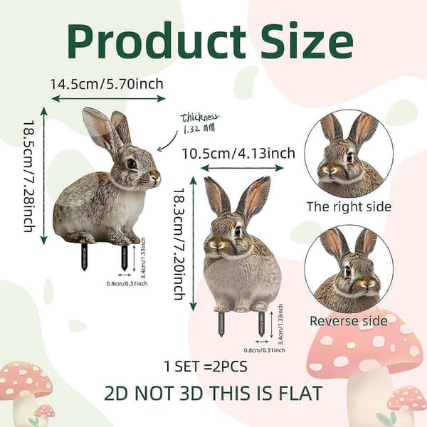 2 Pcs Easter Garden Rabbit Stakes 2D Easter Decor for Outdoor Walkway