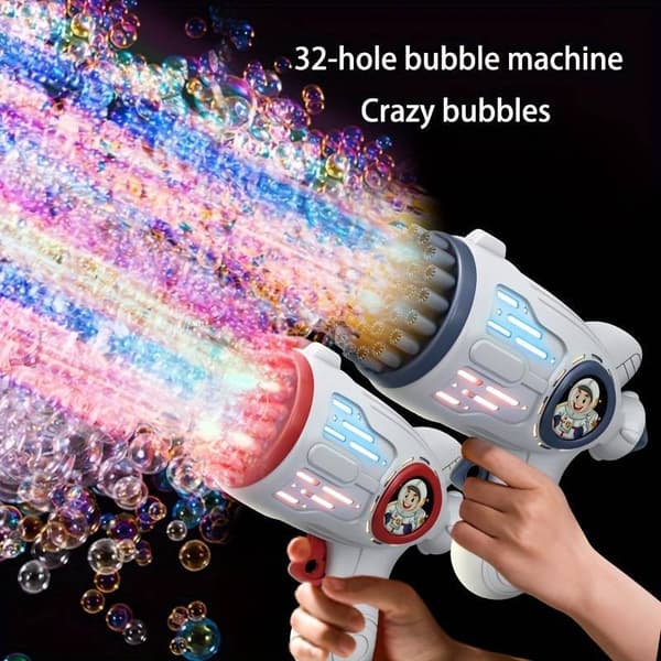 2 bubbelpistoler för barn, 32-håls rymdinspirerad bubbelmaskin med LED-ljus
