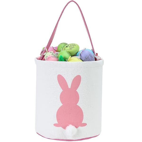 Easter Bunny Basket Egg Bags for Kids, Canvas Cotton Personalized Candy Egg Basket Rabbit Print Buckets with Fluffy Tail Gift Bags for Easter