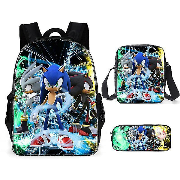 Sonic Ryggsäck för grundskolan Tredelad set Anime Cartoon Ryggsäck Axelväska Pennfodral hög kvalitet 19 3pcs