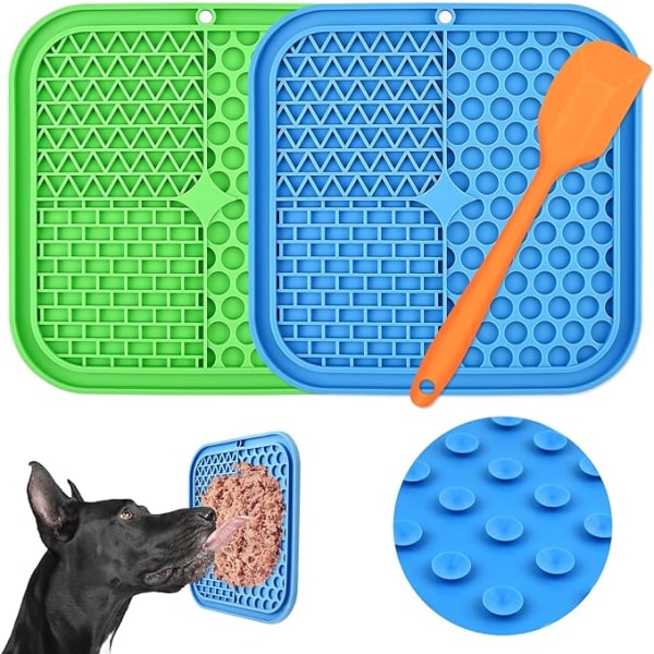 Dog Lick Mat, 3st Dog Lick Mat med sugkopp (Grön Dog Lick Mat + Blue Cat Lick Mat + Orange spatel) för godsaker/mat (halkfri, silikon, BPA-fri)