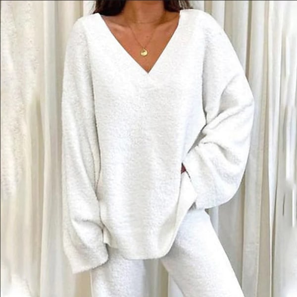 Tvådelad klädsel med bred ben för damer Polar Fleece V-hals Lounge Set White M