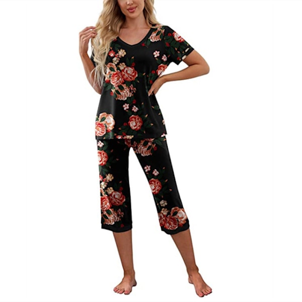 Dampyjamas 2 delar ovkläder kortärmad Tee & capribyxor Black S