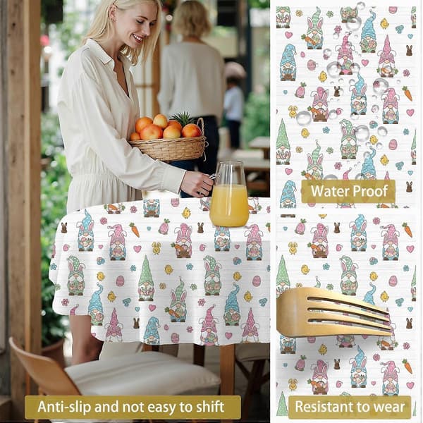 Easter and Gnomes White Pattern Round Tablecloth 60\", Wrinkle Resistant Wipeable Cover for Kitchen, Dining, Picnic, and Patio