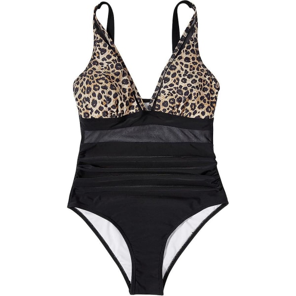 Sexy dyp V-hals polstret monokini-badedrakt i ett stykke, strandklær for kvinner Black and Leopard S
